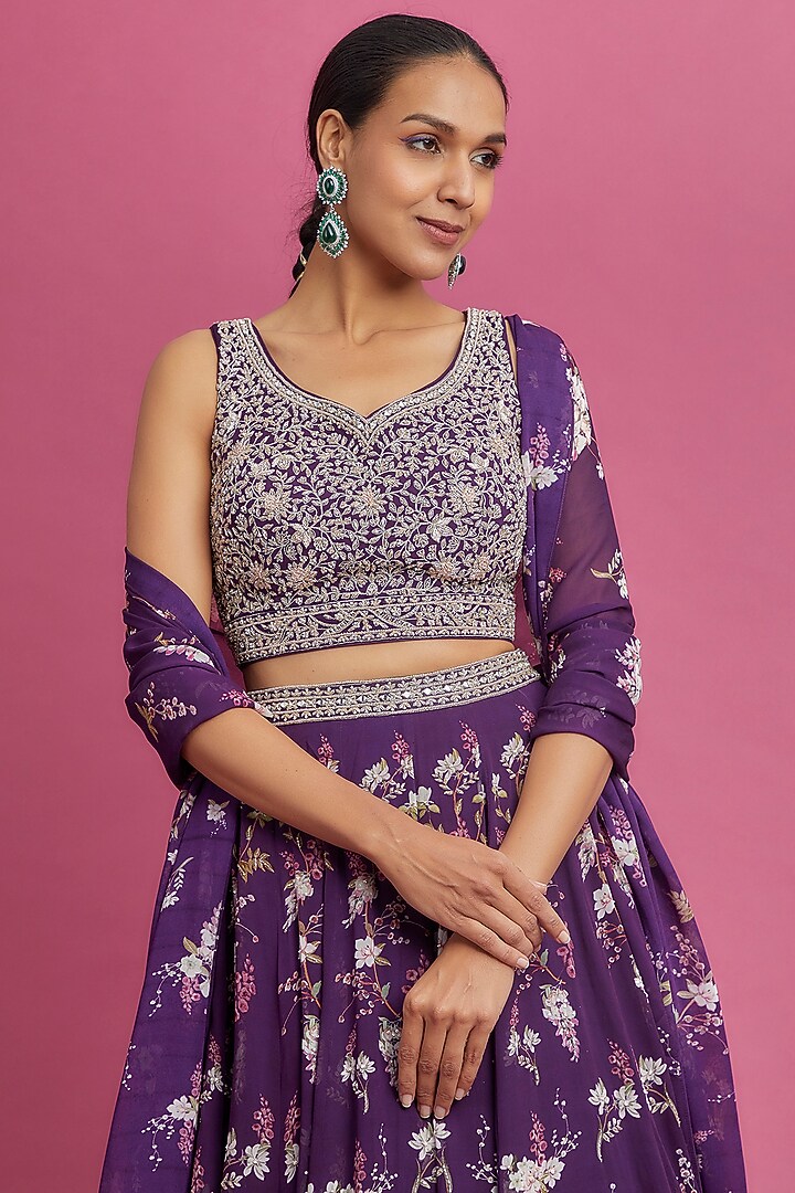 Purple Georgette Printed Wedding Lehenga Set by Sana Barreja at Pernia's Pop Up Shop