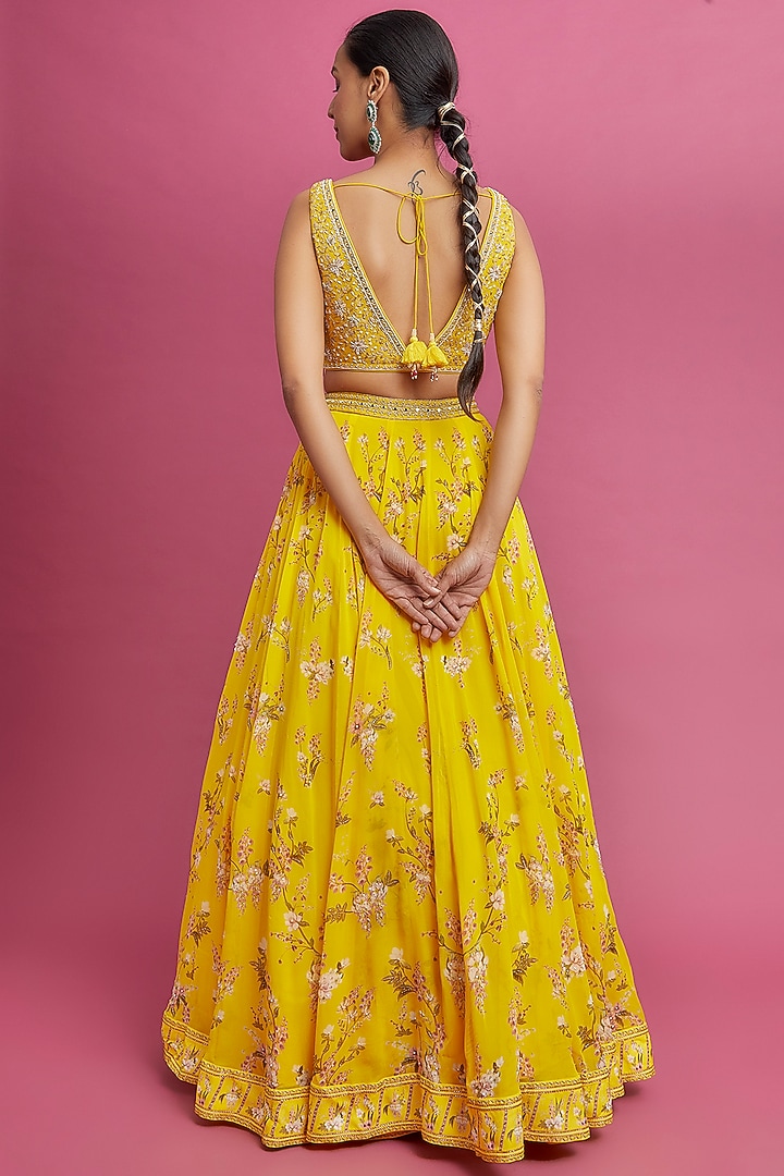 Yellow Georgette Printed Wedding Lehenga Set by Sana Barreja at Pernia's Pop Up Shop