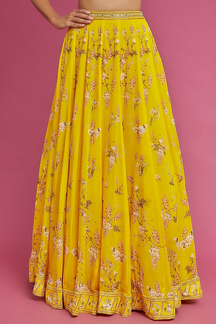 Yellow Georgette Printed Wedding Lehenga Set by Sana Barreja at Pernia's Pop Up Shop