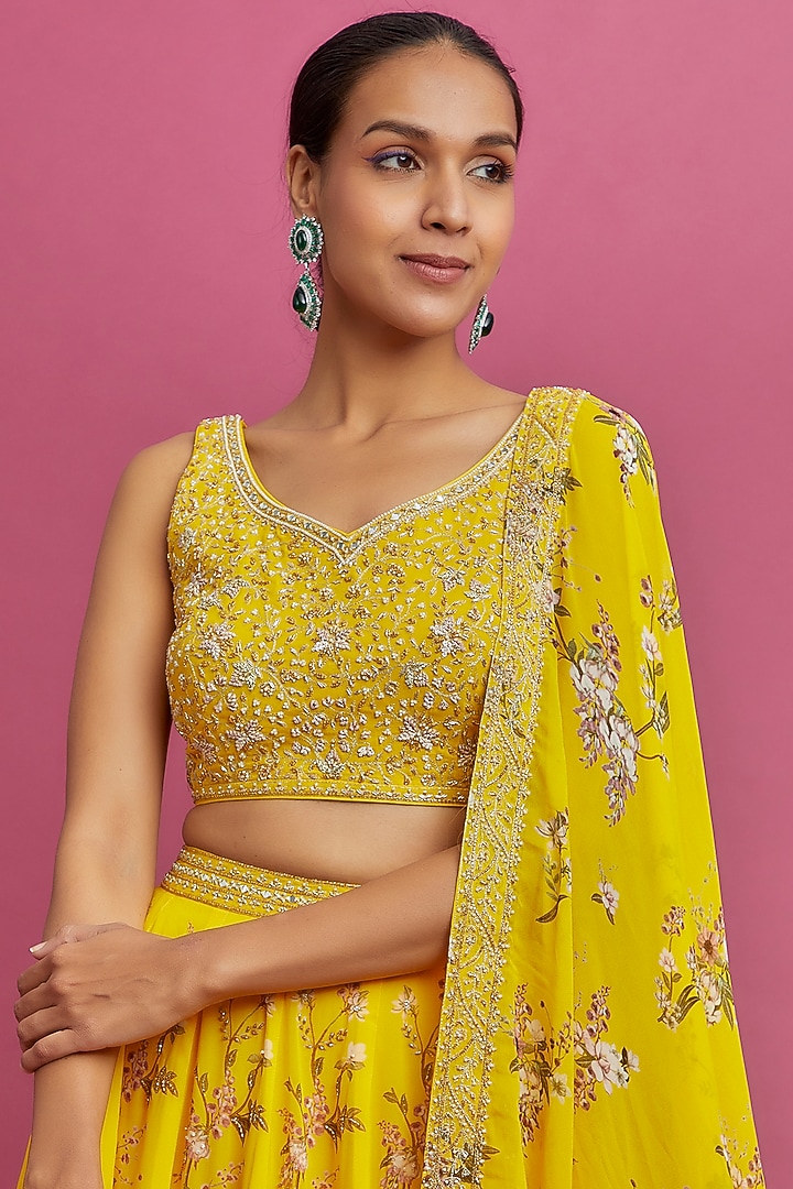 Yellow Georgette Printed Wedding Lehenga Set by Sana Barreja at Pernia's Pop Up Shop