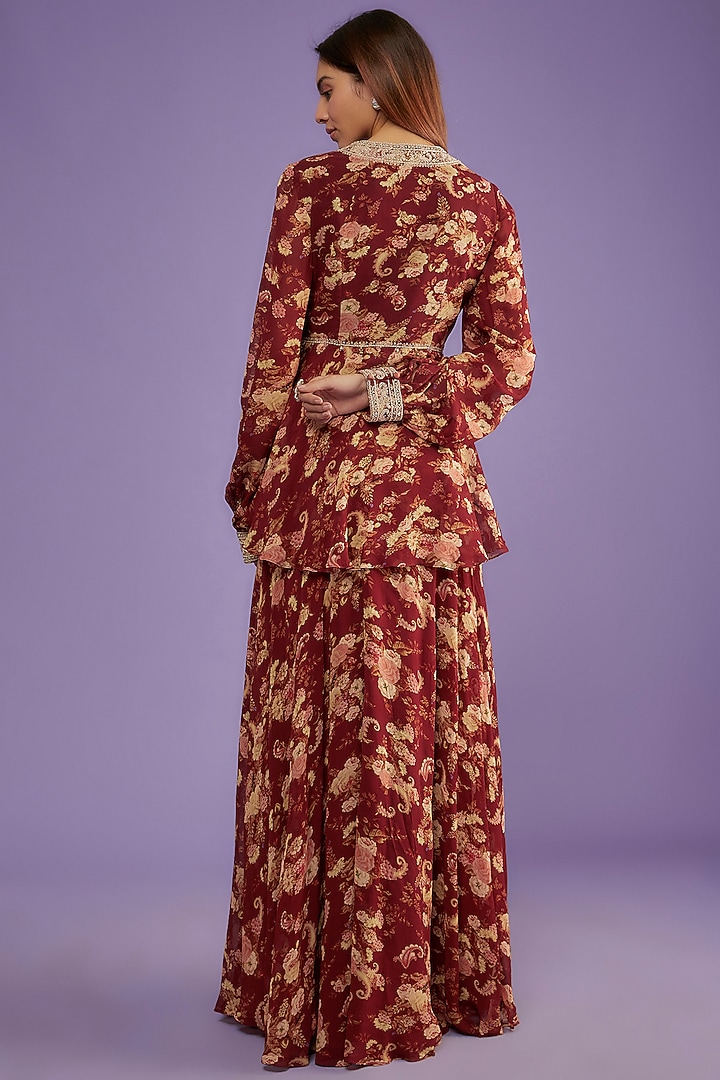 Red Georgette Printed Party Wear Sharara Set by Sana Barreja at Pernia's Pop Up Shop