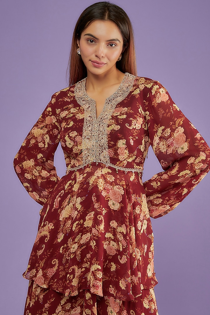 Red Georgette Printed Party Wear Sharara Set by Sana Barreja at Pernia's Pop Up Shop