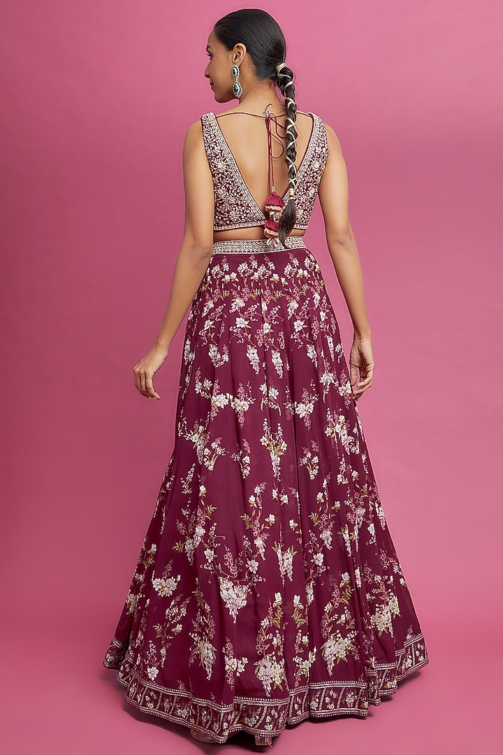 Maroon Georgette Printed Wedding Lehenga Set by Sana Barreja at Pernia's Pop Up Shop