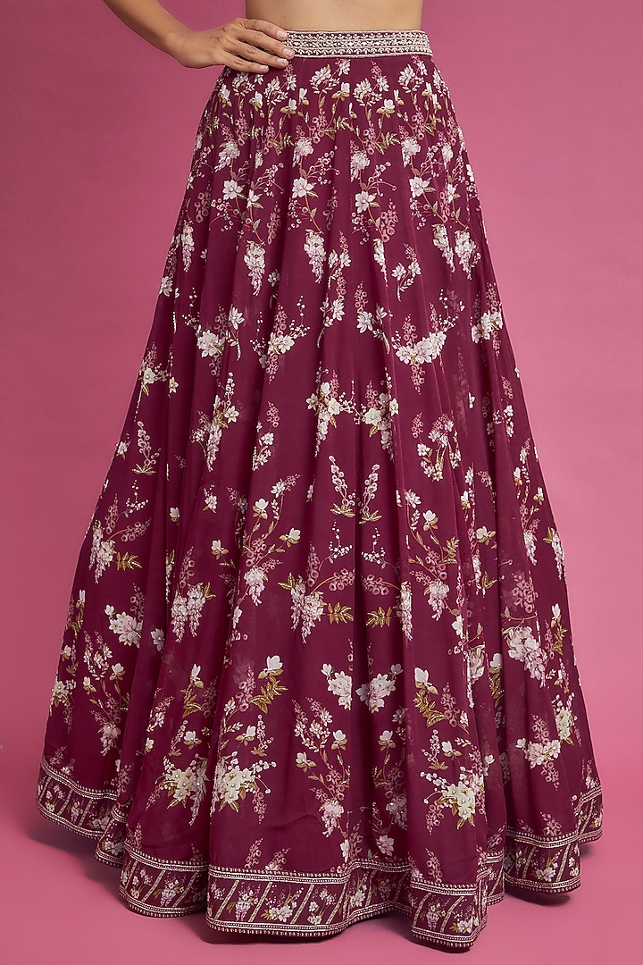 Maroon Georgette Printed Wedding Lehenga Set by Sana Barreja at Pernia's Pop Up Shop