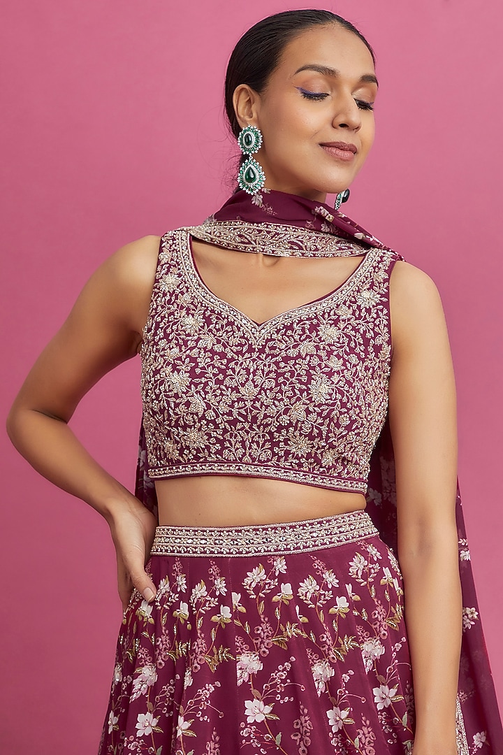 Maroon Georgette Printed Wedding Lehenga Set by Sana Barreja at Pernia's Pop Up Shop