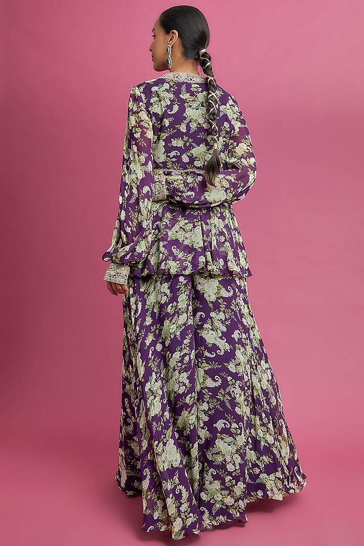 Purple Georgette Printed Party Wear Sharara Set by Sana Barreja at Pernia's Pop Up Shop
