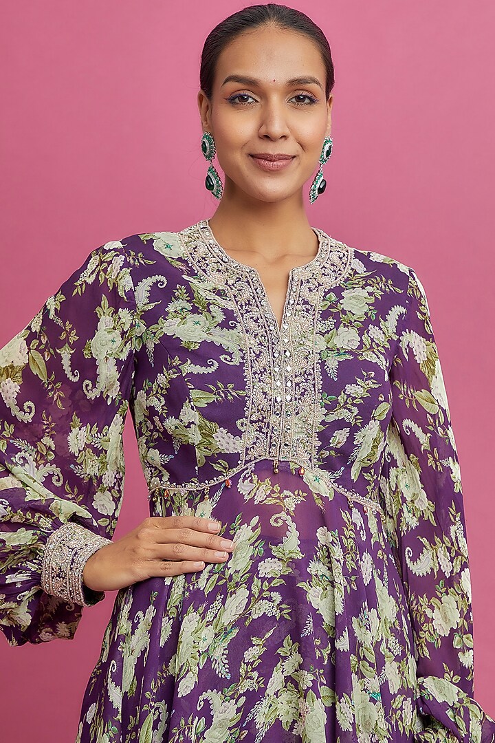 Purple Georgette Printed Party Wear Sharara Set by Sana Barreja at Pernia's Pop Up Shop
