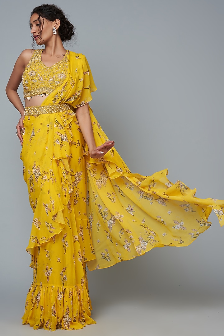 Yellow Georgette Printed Pre-Stitched Wedding Saree Set by Sana Barreja at Pernia's Pop Up Shop