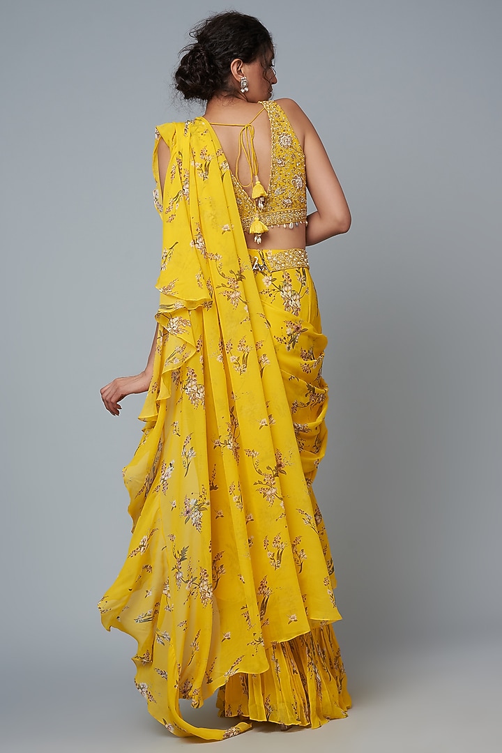 Yellow Georgette Printed Pre-Stitched Wedding Saree Set by Sana Barreja at Pernia's Pop Up Shop