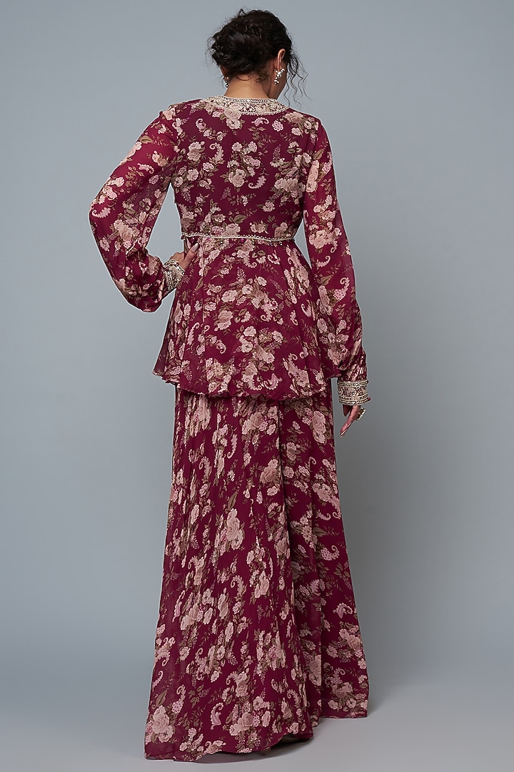 Wine Georgette Party Wear Sharara Set by Sana Barreja at Pernia's Pop Up Shop
