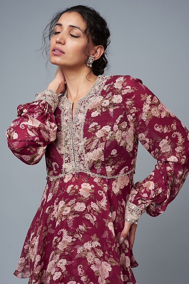 Wine Georgette Party Wear Sharara Set by Sana Barreja at Pernia's Pop Up Shop