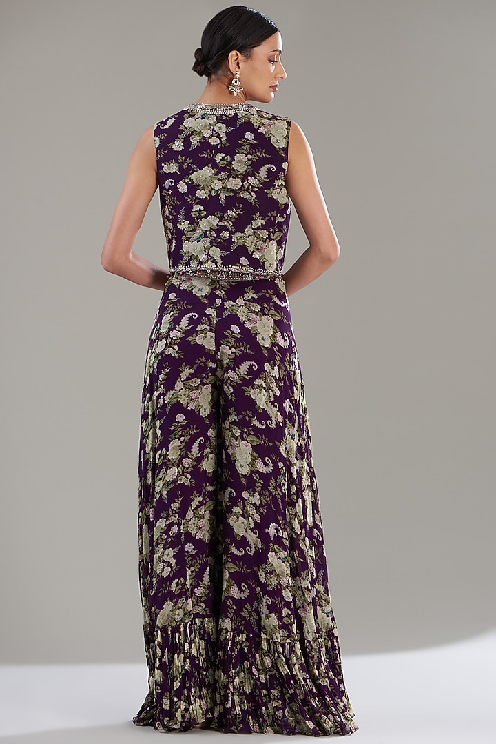 Purple Georgette Printed & Hand Embroidered Wedding Sharara Set by Sana Barreja at Pernia's Pop Up Shop