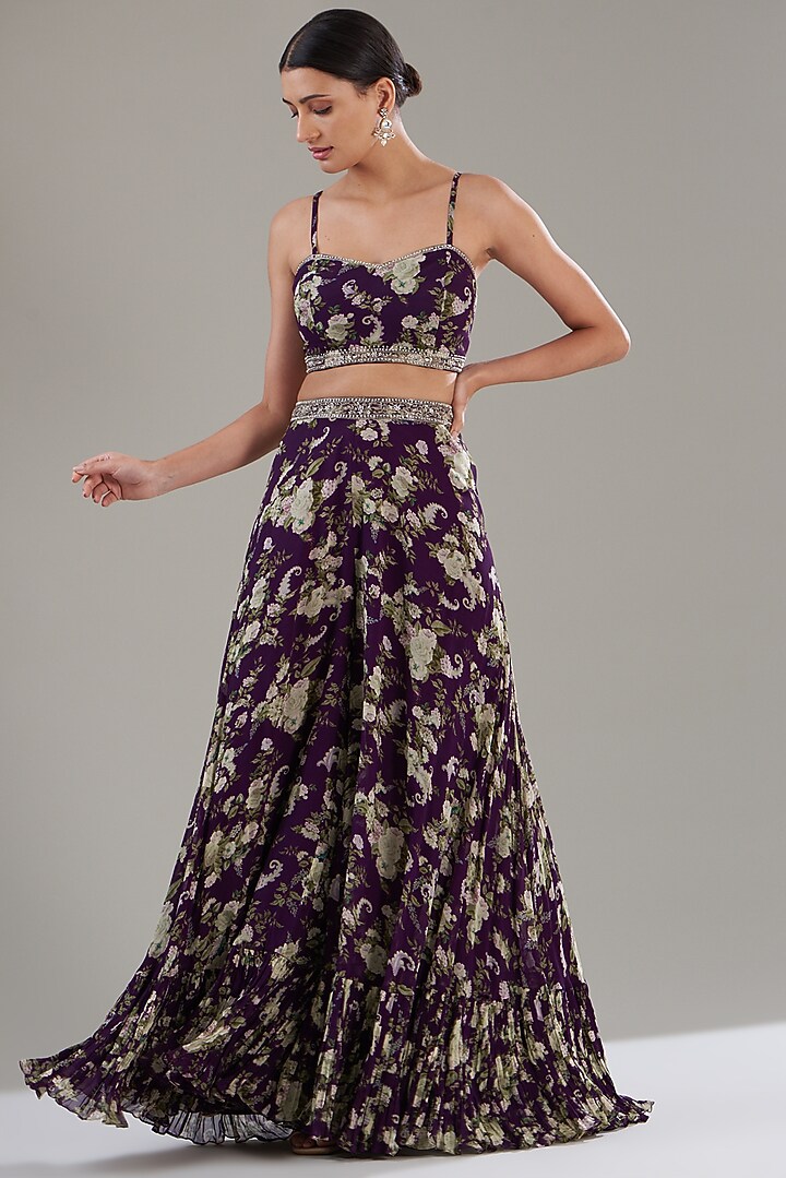Purple Georgette Printed & Hand Embroidered Wedding Sharara Set by Sana Barreja at Pernia's Pop Up Shop