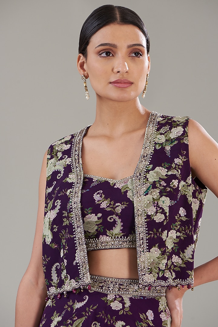 Purple Georgette Printed & Hand Embroidered Wedding Sharara Set by Sana Barreja at Pernia's Pop Up Shop