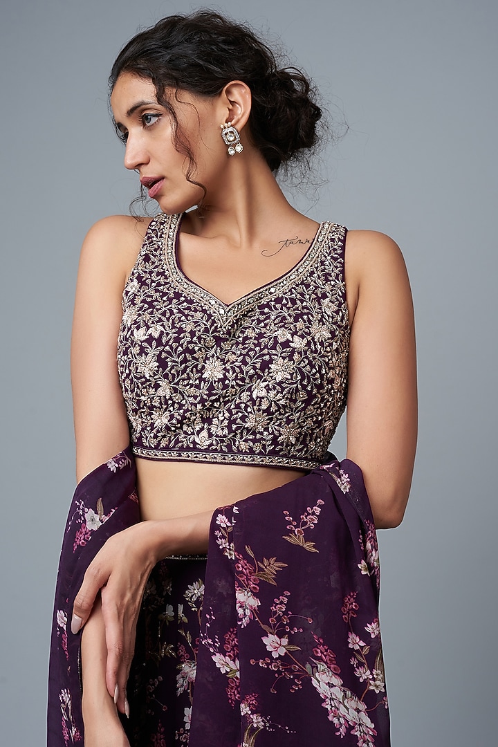 Purple Chanderi Silk Printed Wedding Lehenga Set by Sana Barreja at Pernia's Pop Up Shop