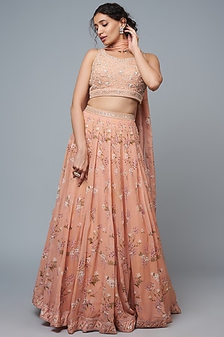 Peach Georgette Printed Lehenga Set by Sana Barreja