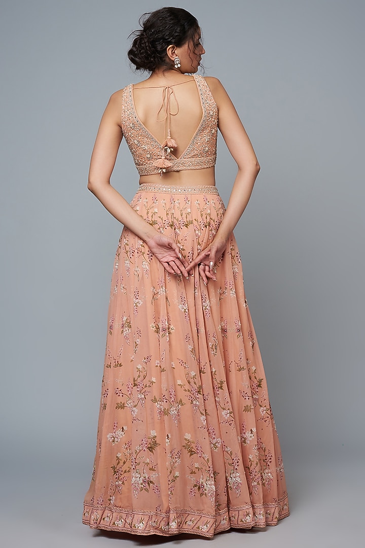 Peach Georgette Printed Wedding Lehenga Set by Sana Barreja at Pernia's Pop Up Shop