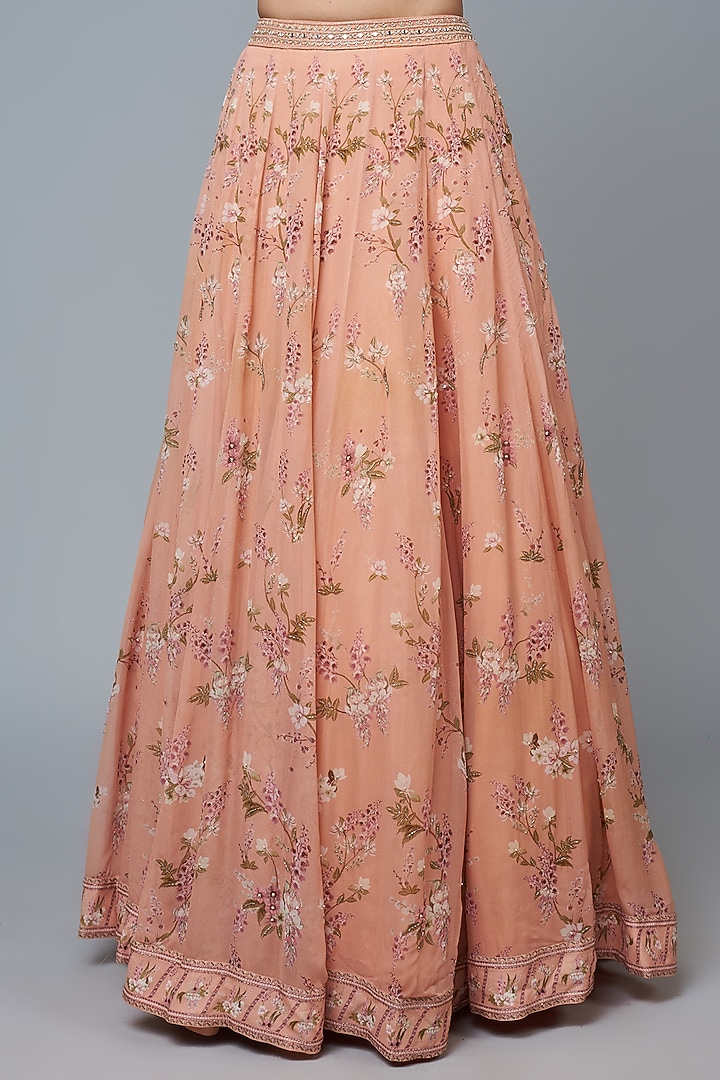 Peach Georgette Printed Wedding Lehenga Set by Sana Barreja at Pernia's Pop Up Shop