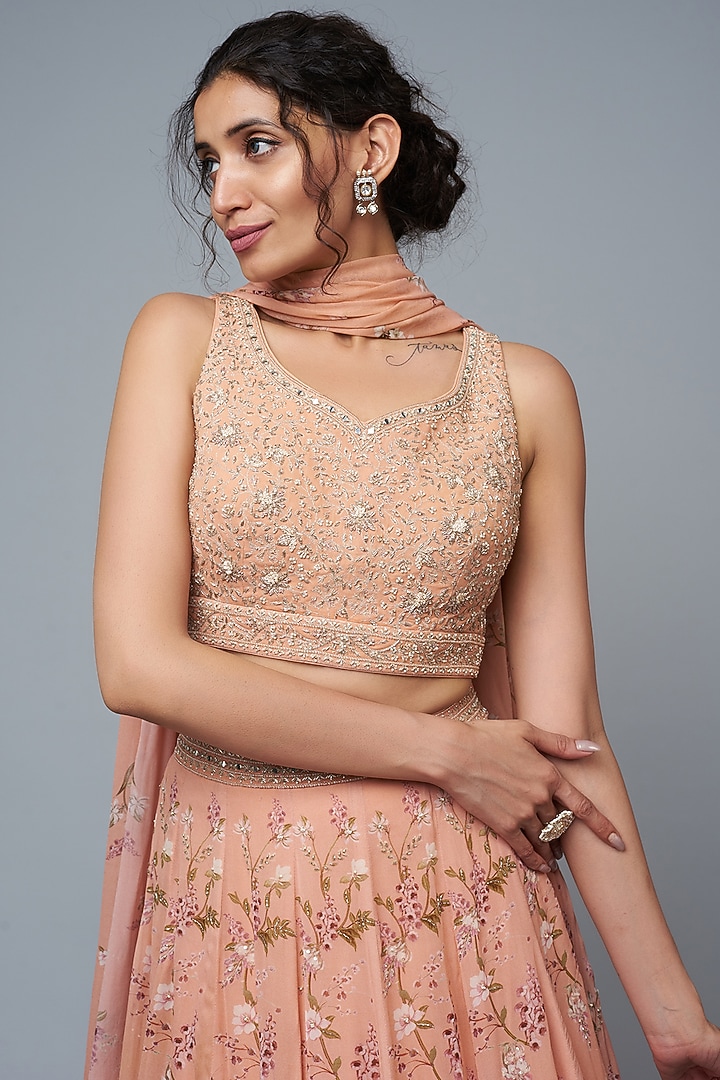 Peach Georgette Printed Wedding Lehenga Set by Sana Barreja at Pernia's Pop Up Shop