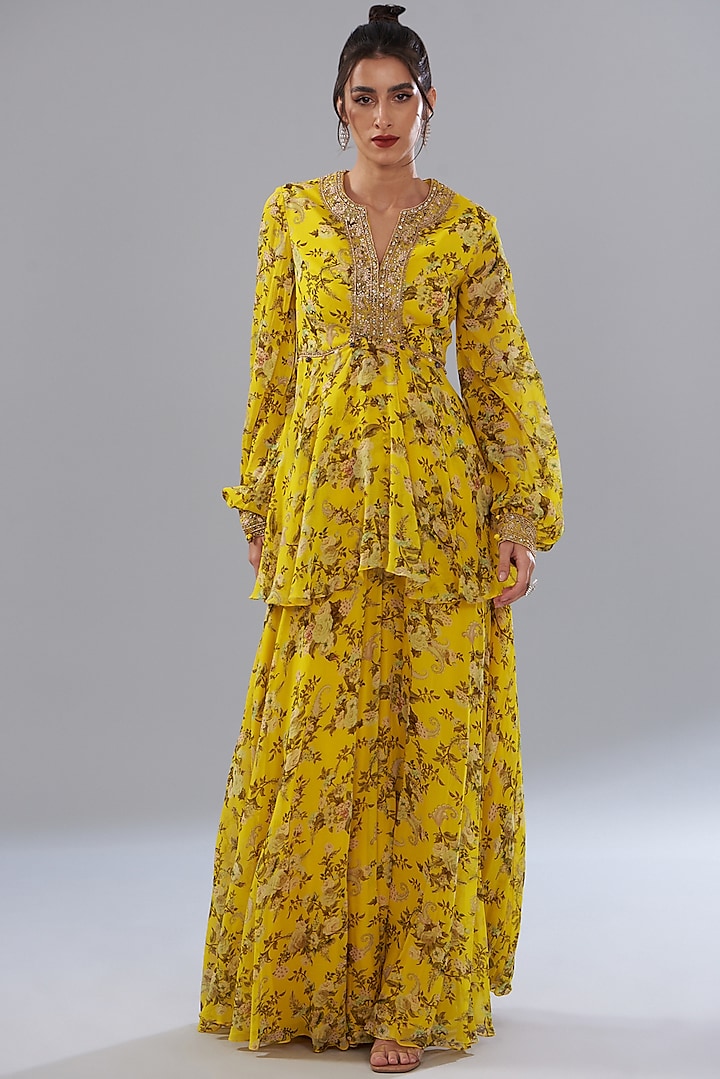 Yellow Georgette Printed Sharara Set by Sana Barreja at Pernia's Pop Up Shop