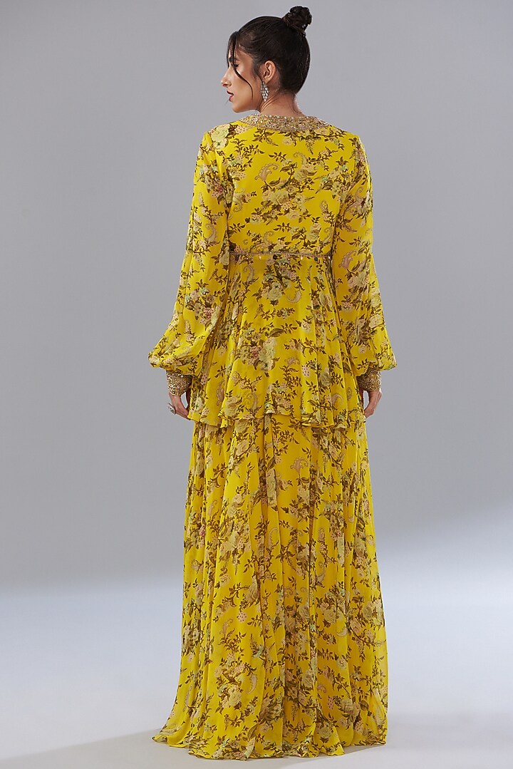 Yellow Georgette Printed Party Wear Sharara Set by Sana Barreja at Pernia's Pop Up Shop