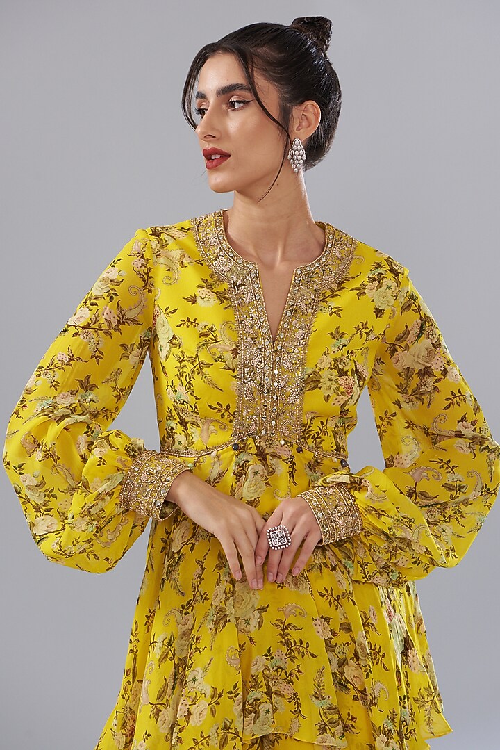 Yellow Georgette Printed Party Wear Sharara Set by Sana Barreja at Pernia's Pop Up Shop