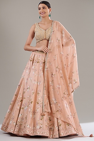 Peach Chanderi Silk Printed Lehenga Set by Sana Barreja