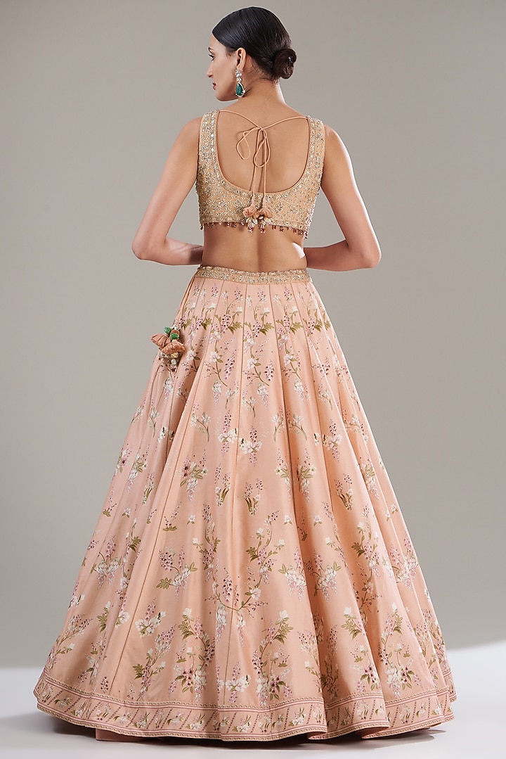 Peach Chanderi Silk Printed Wedding Lehenga Set by Sana Barreja at Pernia's Pop Up Shop
