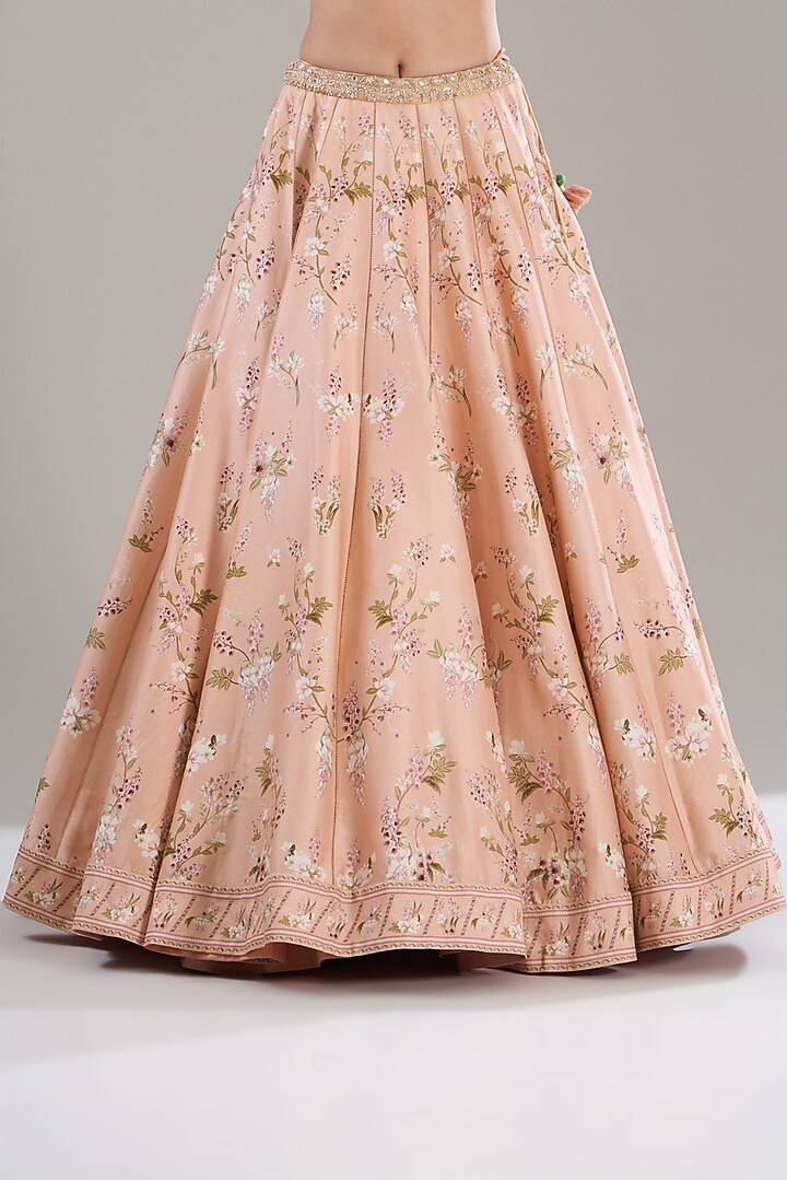 Peach Chanderi Silk Printed Wedding Lehenga Set by Sana Barreja at Pernia's Pop Up Shop