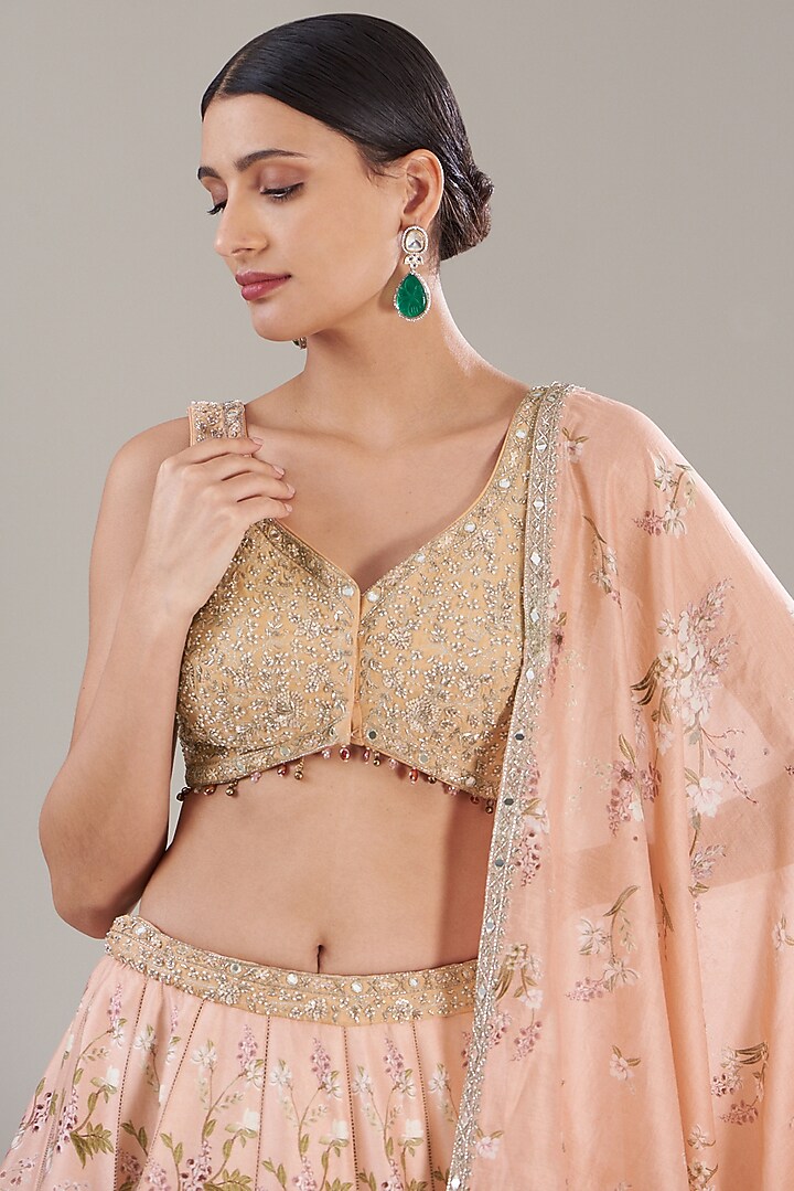 Peach Chanderi Silk Printed Wedding Lehenga Set by Sana Barreja at Pernia's Pop Up Shop