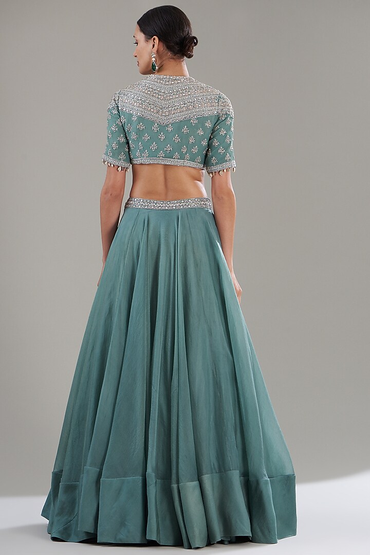 Ice Blue Silk Chiffon & Organza Wedding Lehenga Set by Sana Barreja at Pernia's Pop Up Shop