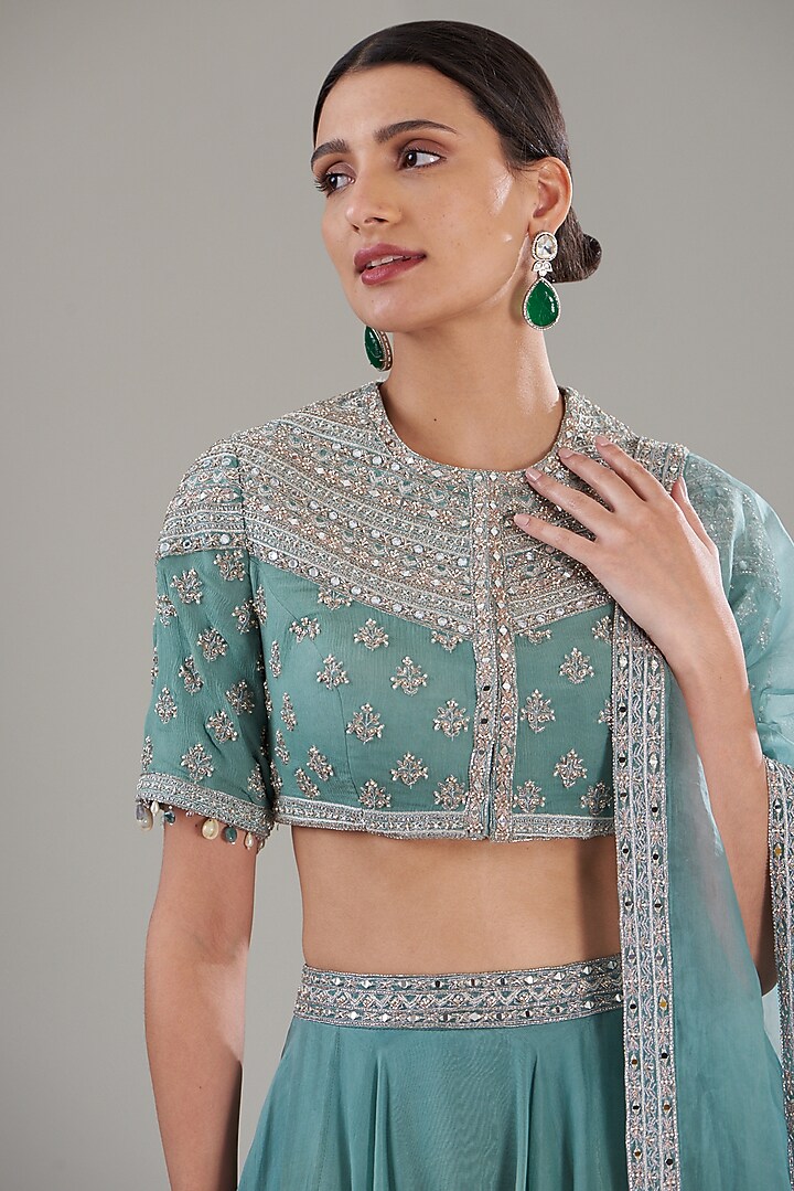 Ice Blue Silk Chiffon & Organza Wedding Lehenga Set by Sana Barreja at Pernia's Pop Up Shop
