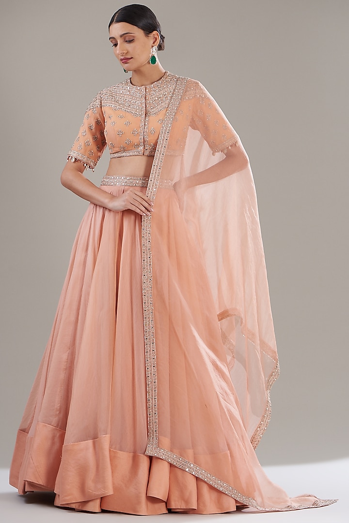 Peach Silk Chiffon & Organza Lehenga Set by Sana Barreja