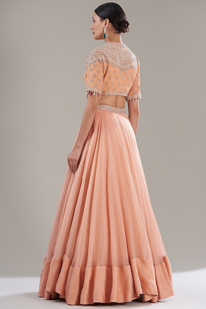 Peach Silk Chiffon & Organza Wedding Lehenga Set by Sana Barreja at Pernia's Pop Up Shop