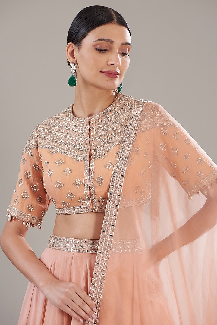 Peach Silk Chiffon & Organza Wedding Lehenga Set by Sana Barreja at Pernia's Pop Up Shop