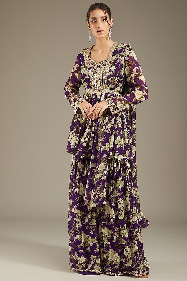 Purple Georgette Printed & Hand Embroidered Gharara Set by Sana Barreja