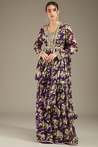 Purple Georgette Printed & Hand Embroidered Gharara Set by Sana Barreja