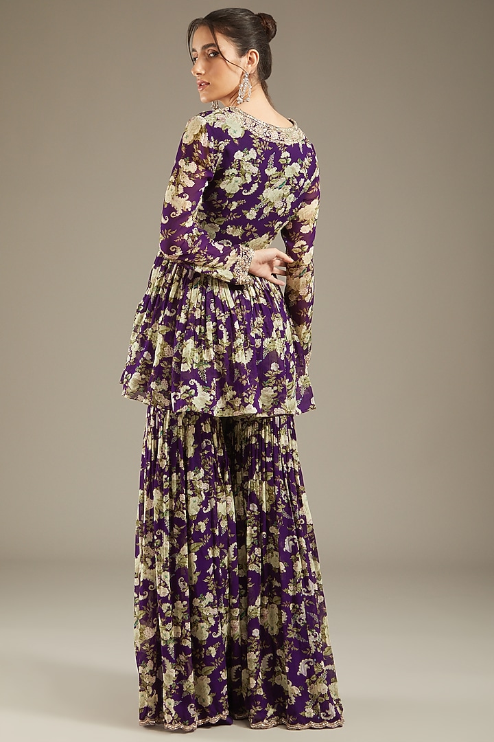 Purple Georgette Printed & Hand Embroidered Gharara Set by Sana Barreja at Pernia's Pop Up Shop