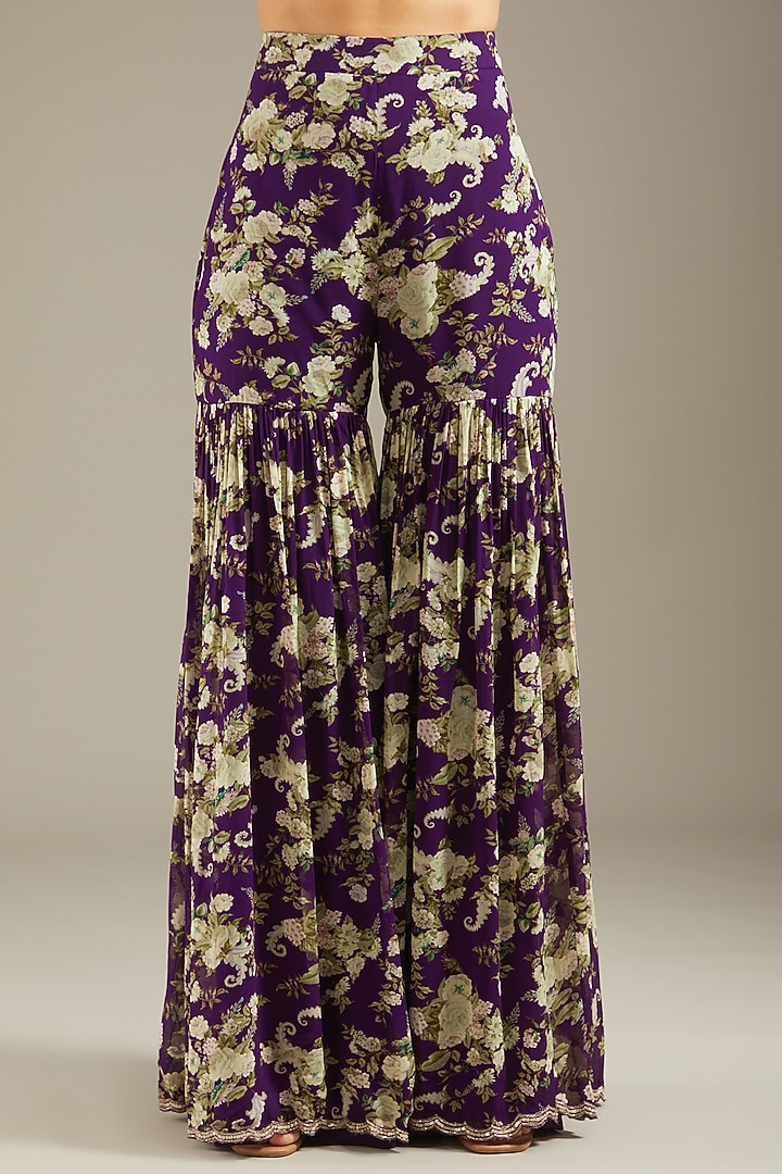 Purple Georgette Printed & Hand Embroidered Gharara Set by Sana Barreja at Pernia's Pop Up Shop