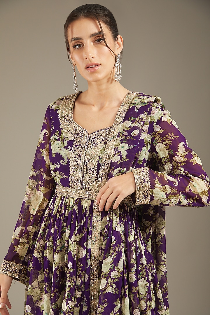 Purple Georgette Printed & Hand Embroidered Gharara Set by Sana Barreja at Pernia's Pop Up Shop