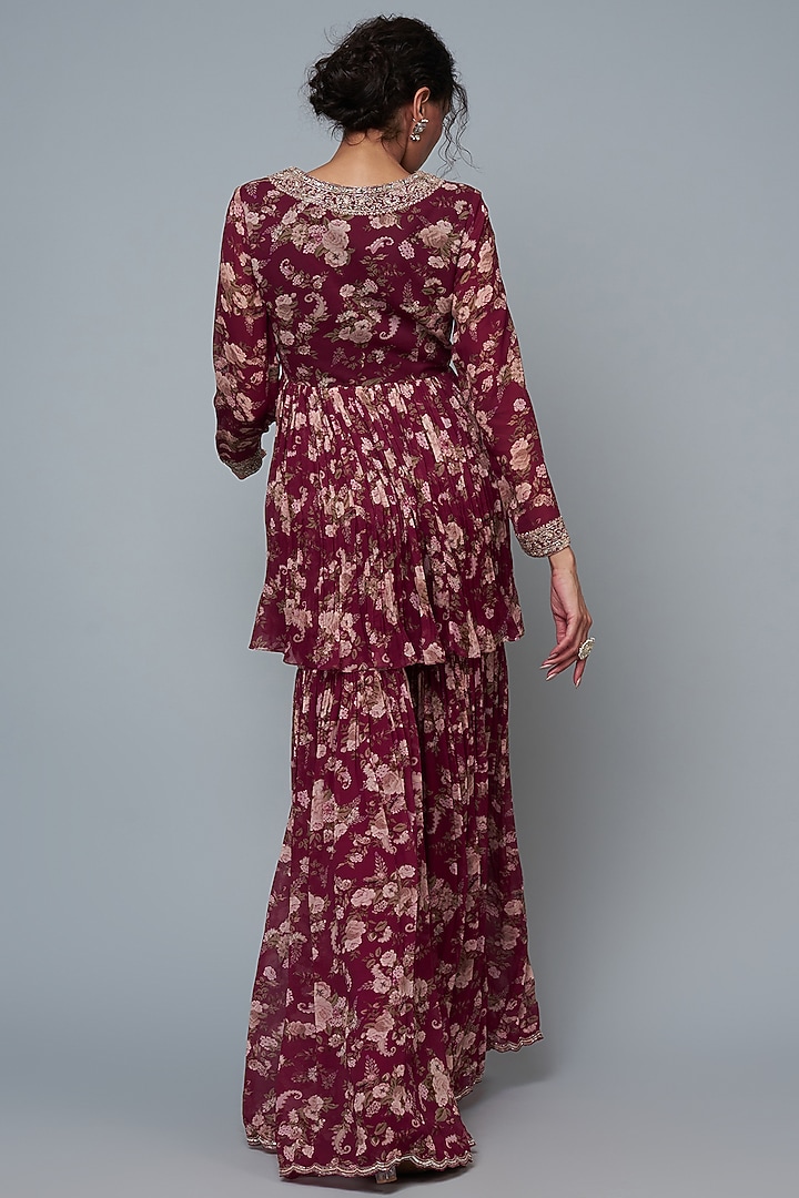 Wine Georgette Printed Gharara Set by Sana Barreja at Pernia's Pop Up Shop