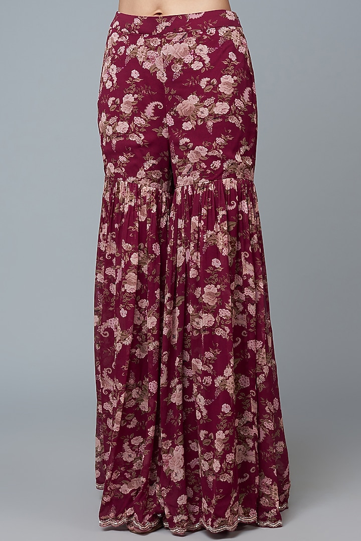 Wine Georgette Printed Gharara Set by Sana Barreja at Pernia's Pop Up Shop