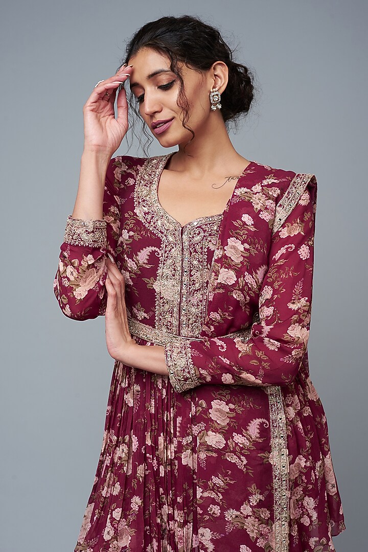 Wine Georgette Printed Gharara Set by Sana Barreja at Pernia's Pop Up Shop