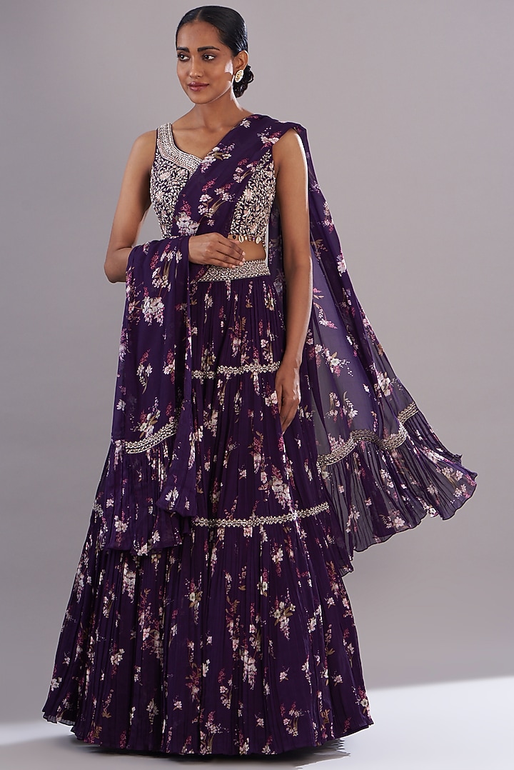 Purple Georgette Printed Tiered Wedding Lehenga Set by Sana Barreja at Pernia's Pop Up Shop