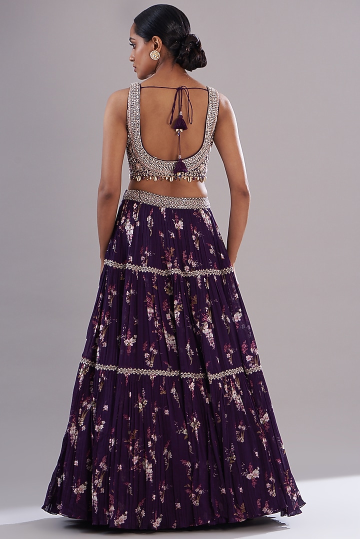 Purple Georgette Printed Tiered Wedding Lehenga Set by Sana Barreja at Pernia's Pop Up Shop