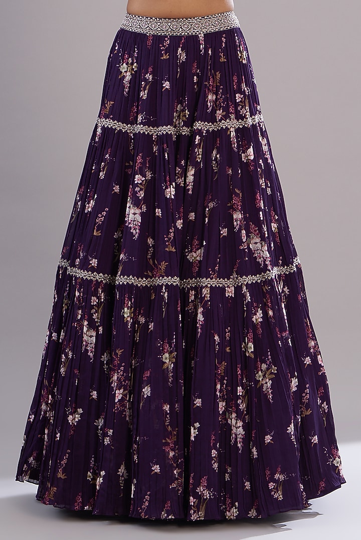 Purple Georgette Printed Tiered Wedding Lehenga Set by Sana Barreja at Pernia's Pop Up Shop