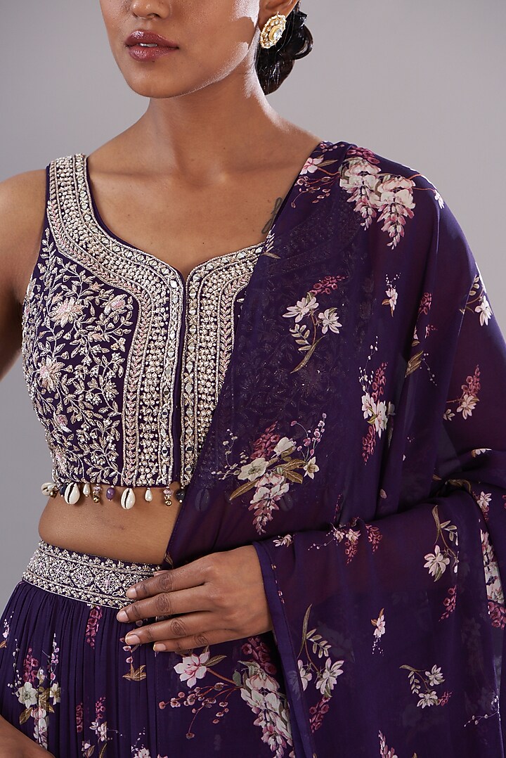 Purple Georgette Printed Tiered Wedding Lehenga Set by Sana Barreja at Pernia's Pop Up Shop