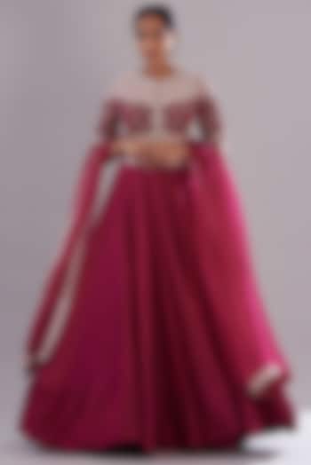 Fuchsia Georgette & Organza Wedding Lehenga Set by Sana Barreja at Pernia's Pop Up Shop