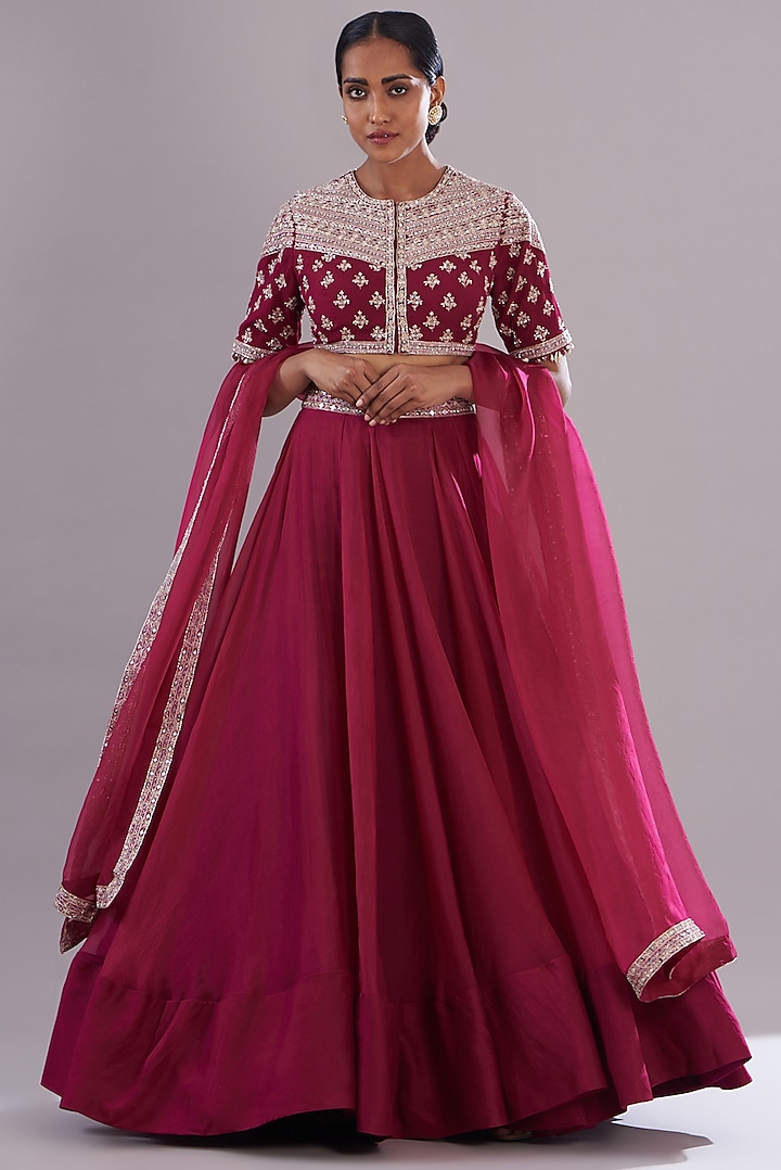 Fuchsia Georgette & Organza Wedding Lehenga Set by Sana Barreja at Pernia's Pop Up Shop