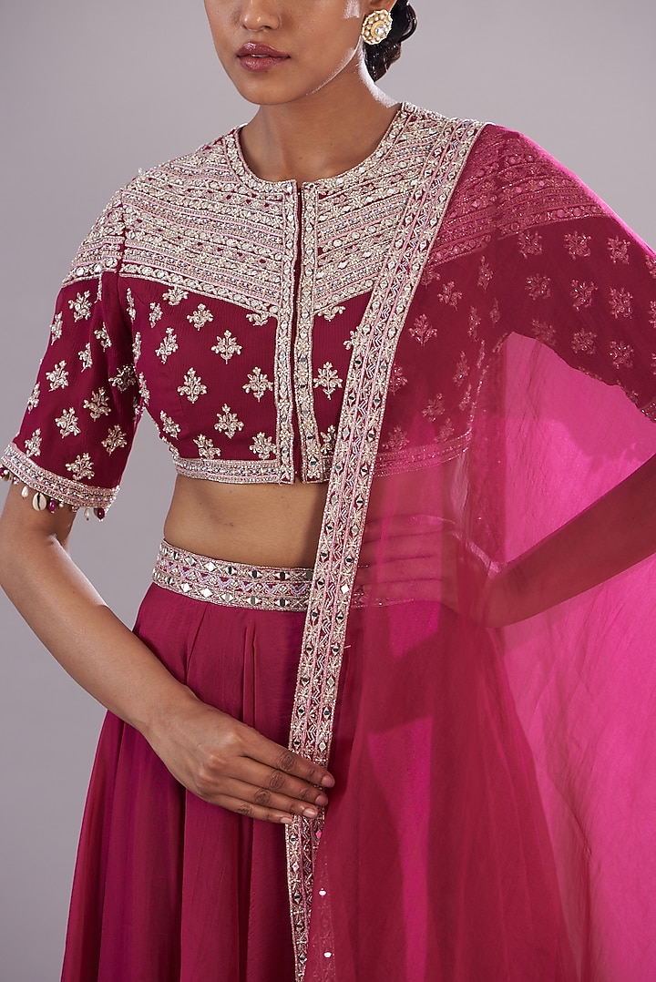 Fuchsia Georgette & Organza Wedding Lehenga Set by Sana Barreja at Pernia's Pop Up Shop